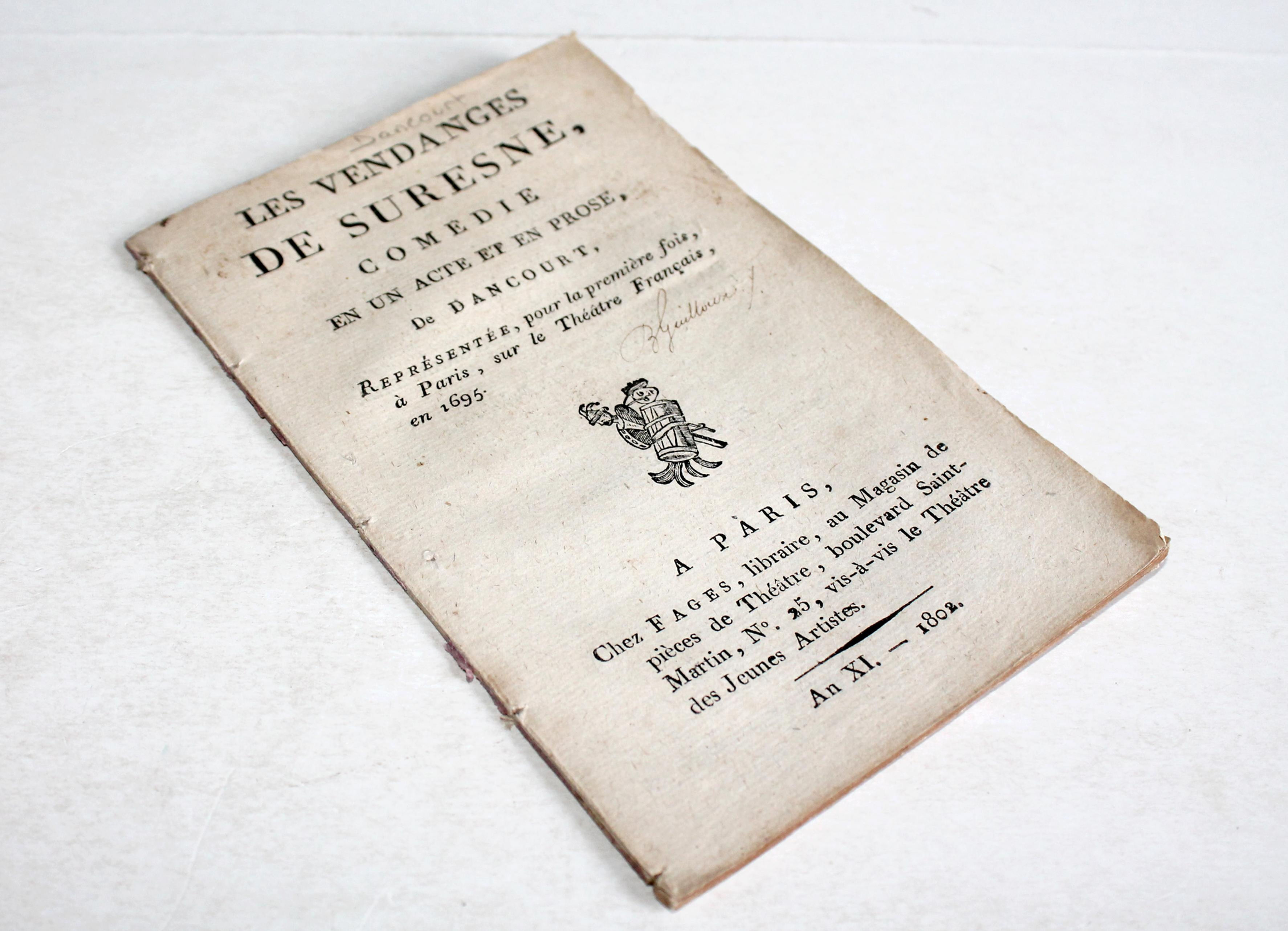 RARE! LES VENDANGES DE SURESNE COMEDIE UN ACTE EN PROSE par DANCOURT 1802 FAGES