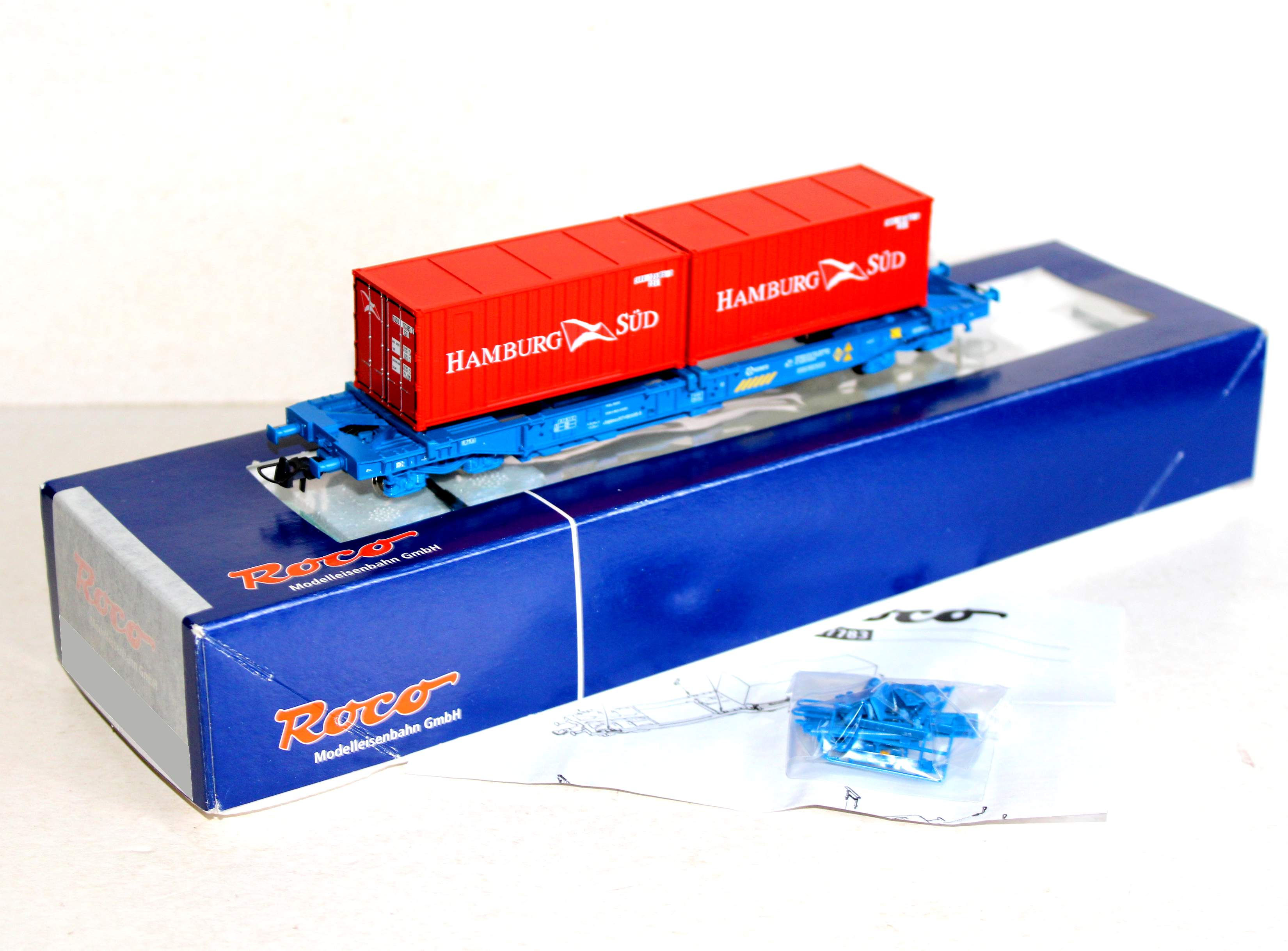 RARE ROCO HO 67783 WAGON PLATEFORME PORTE CONTAINER + CONTENEUR HAMBURG SUD RENF
