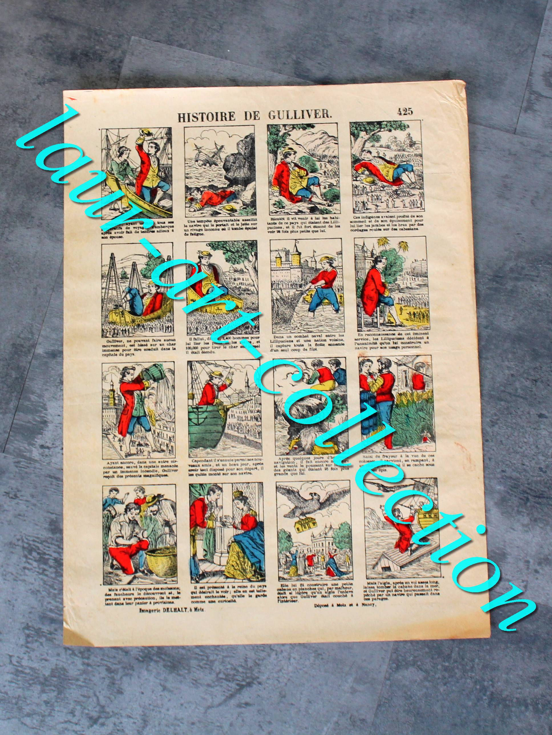 RARE ESTAMPE IMAGERIE DELHALT, METZ - N°425 HISTOIRE DE GULLIVER CONTE ILLUSTRÉ