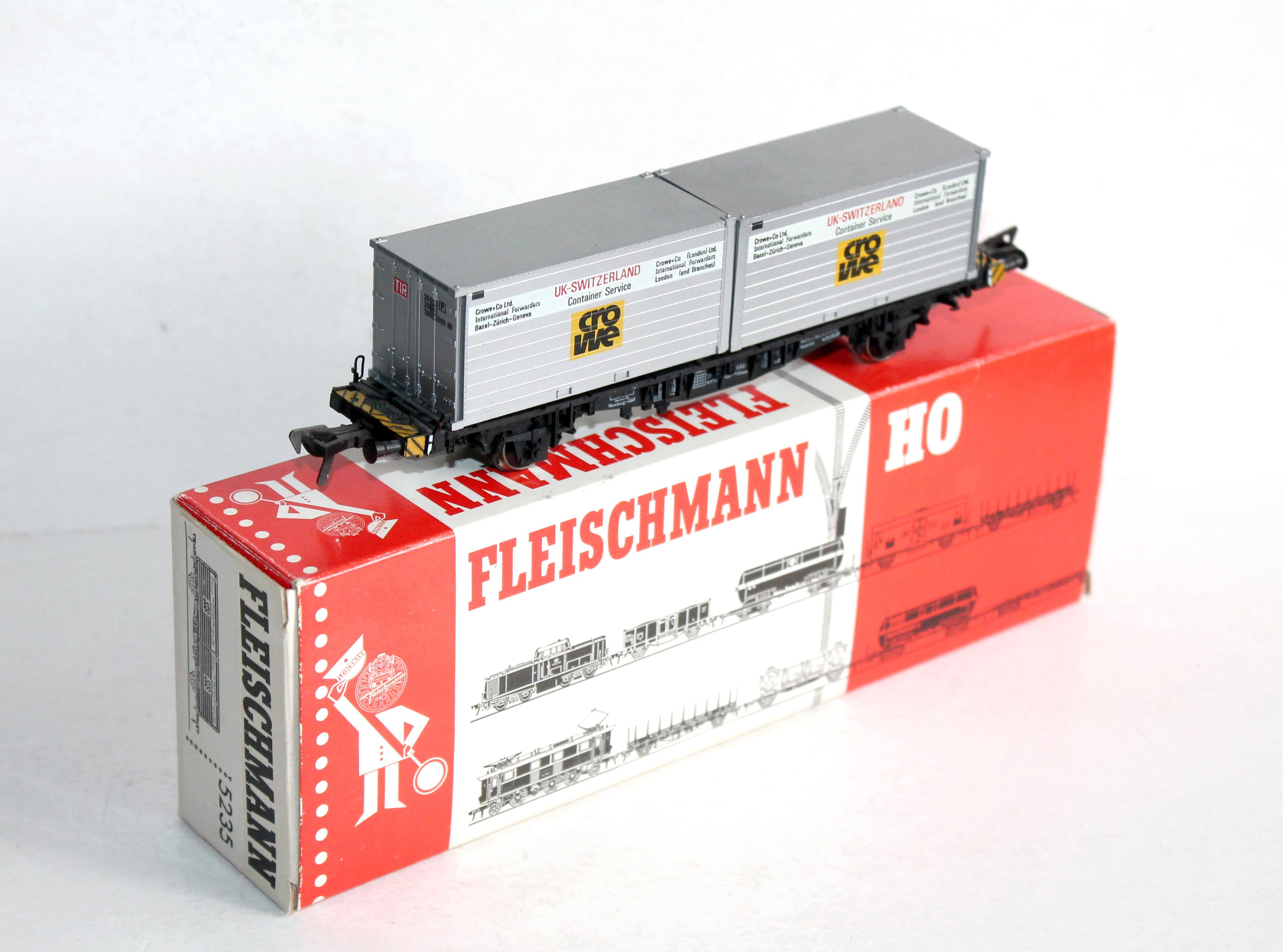 FLEISCHMANN HO 5235 WAGON PLAT PORTE CONTENEUR +2 CONTAINER CROWE SWITZERLAND DB