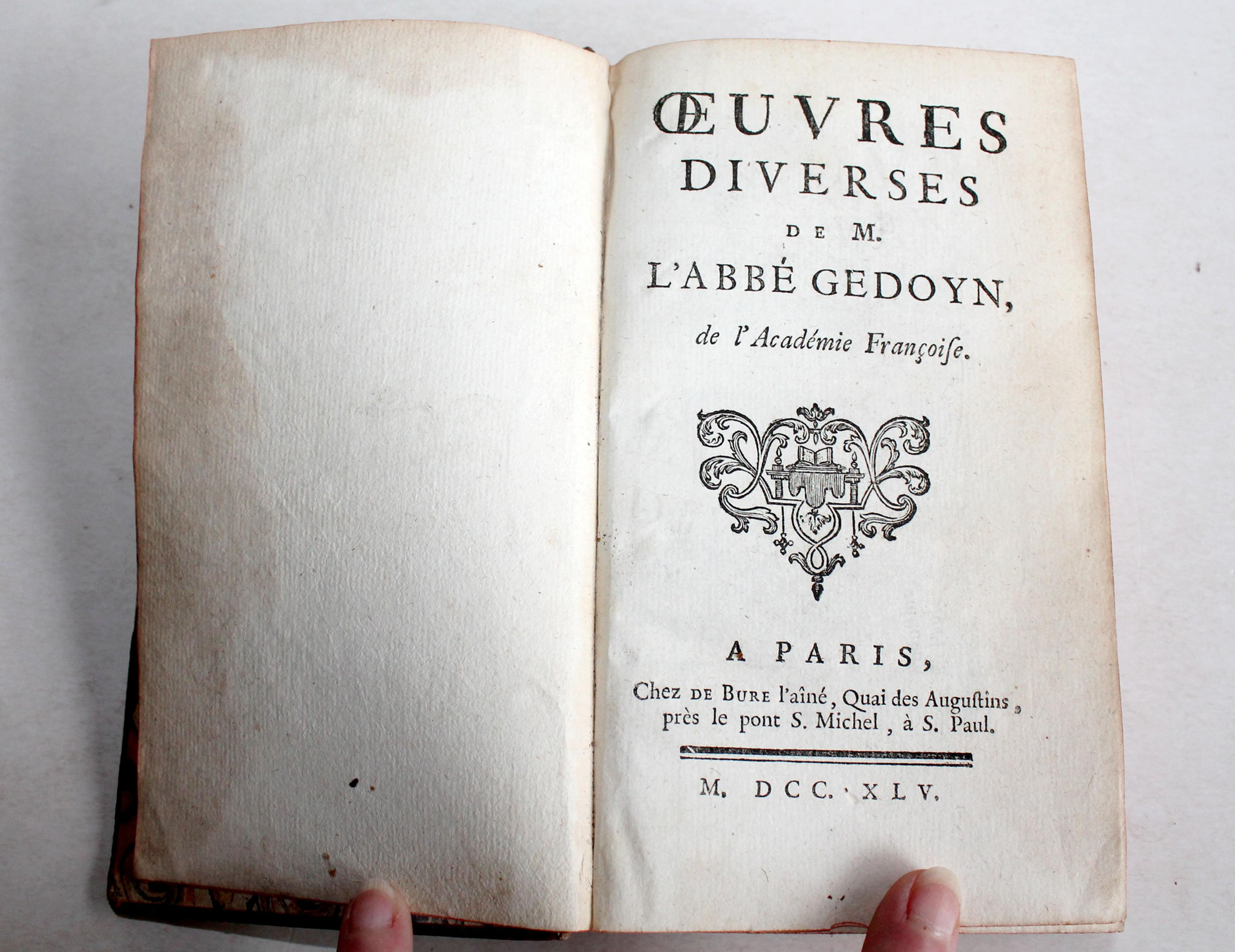 OEUVRES DIVERSES de L'ABBE GEDOYN, EDUCATION ENFANTS, PLAISIRS DE LA TABLE 1745