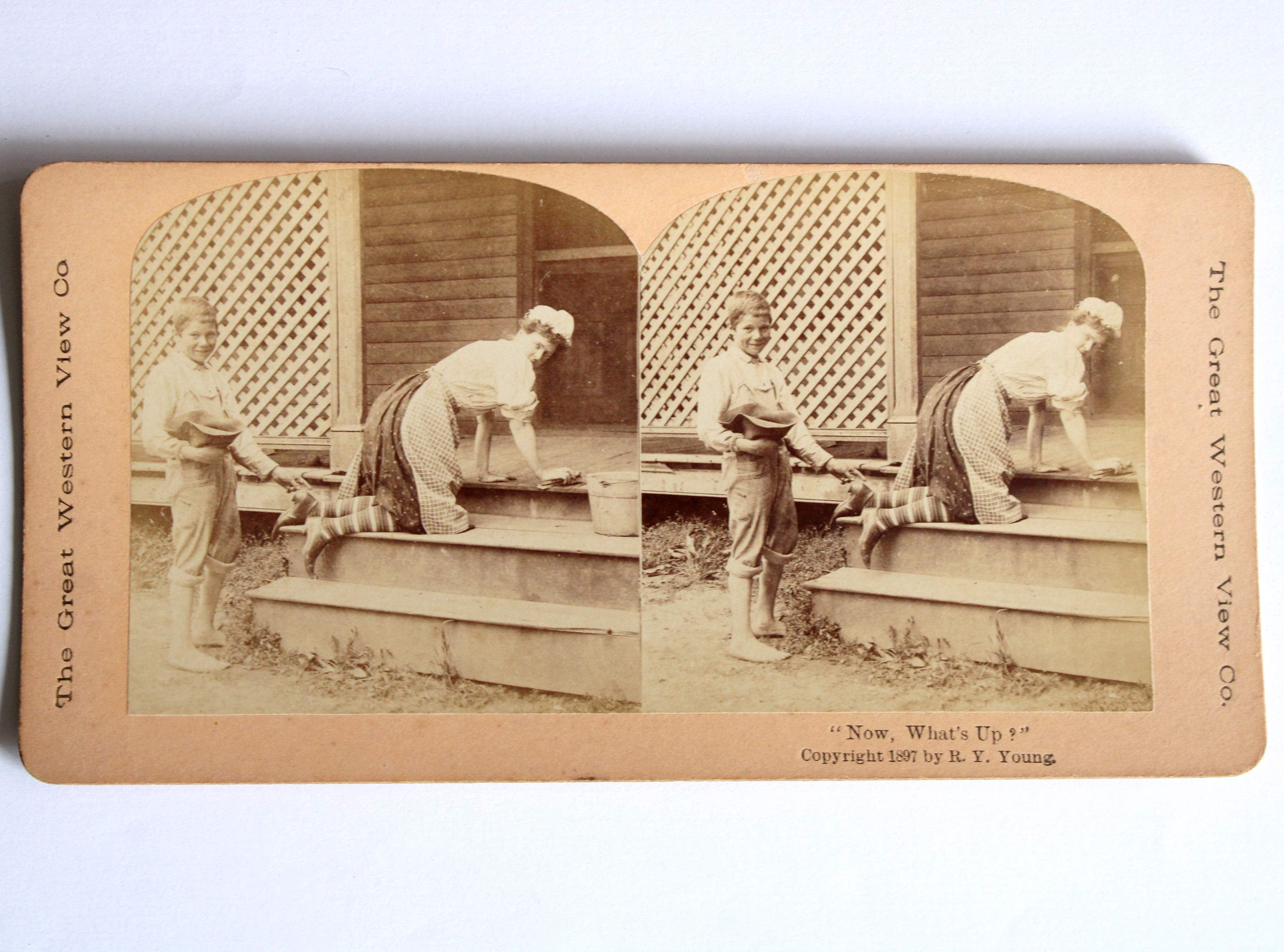 PHOTO VUE STEREO ALBUMINE SCENE VIE FAMILLE, MERE FEMME ENFANT GARCON 1897 YOUNG