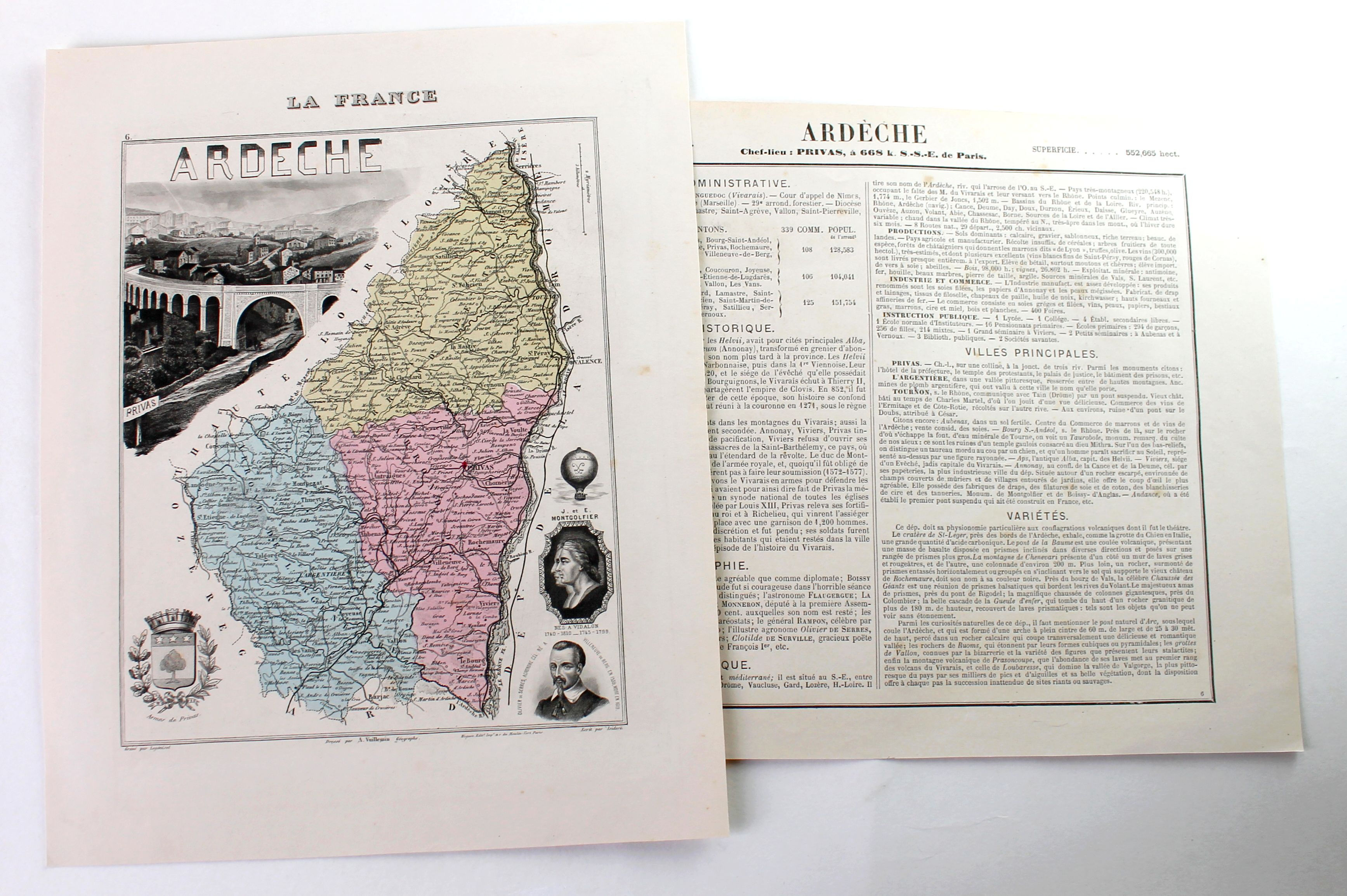 ARDECHE - CARTE DEPARTEMENTALE FRANCE + RECIT HISTORIQUE - XIXe Ed. MIGEON 25x31