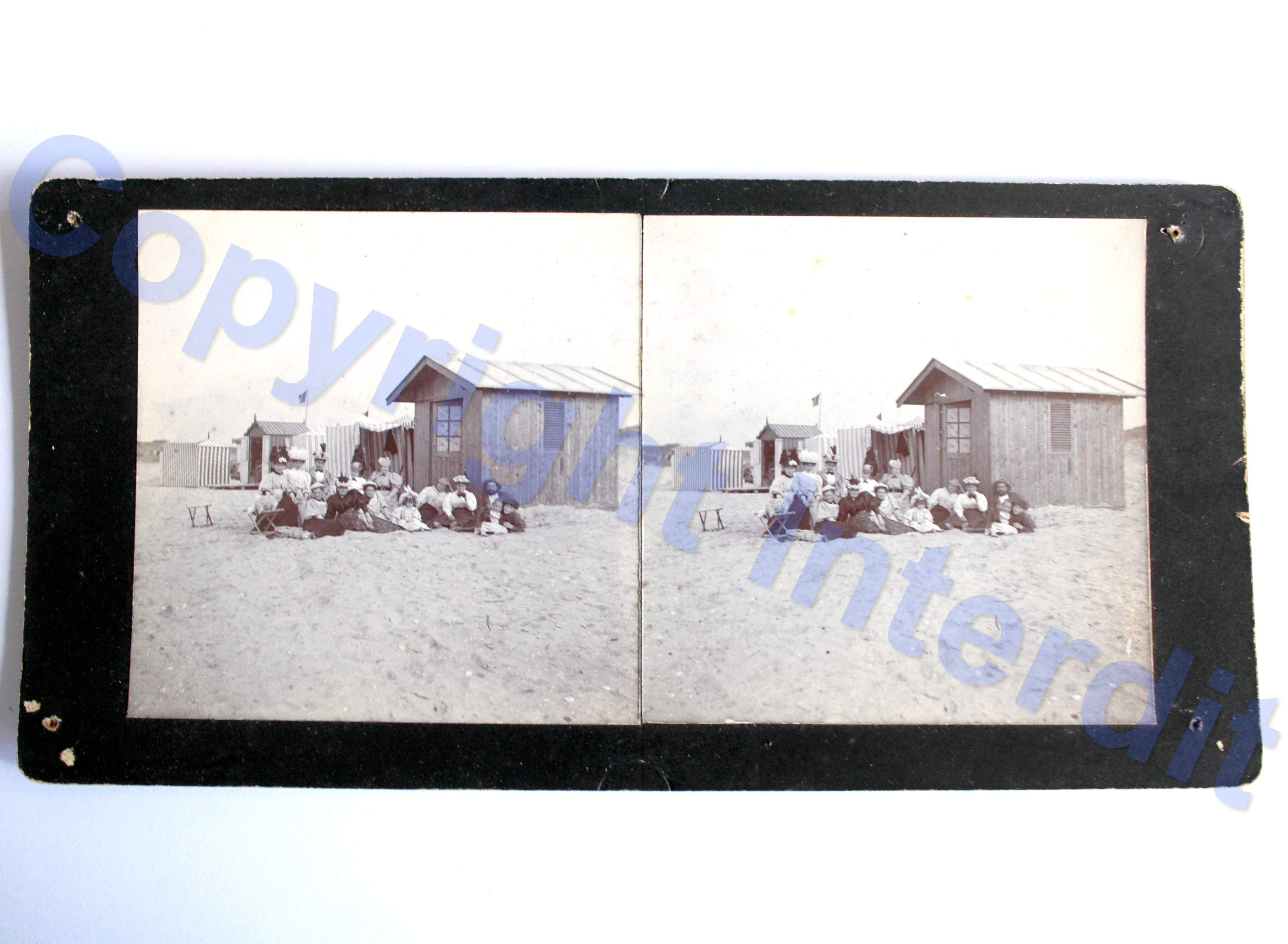 ANCIENNE PHOTO VUE STEREO ALBUMINE, BRETAGNE PLAGE MER PORTRAIT FAMILLE, XIXe S.