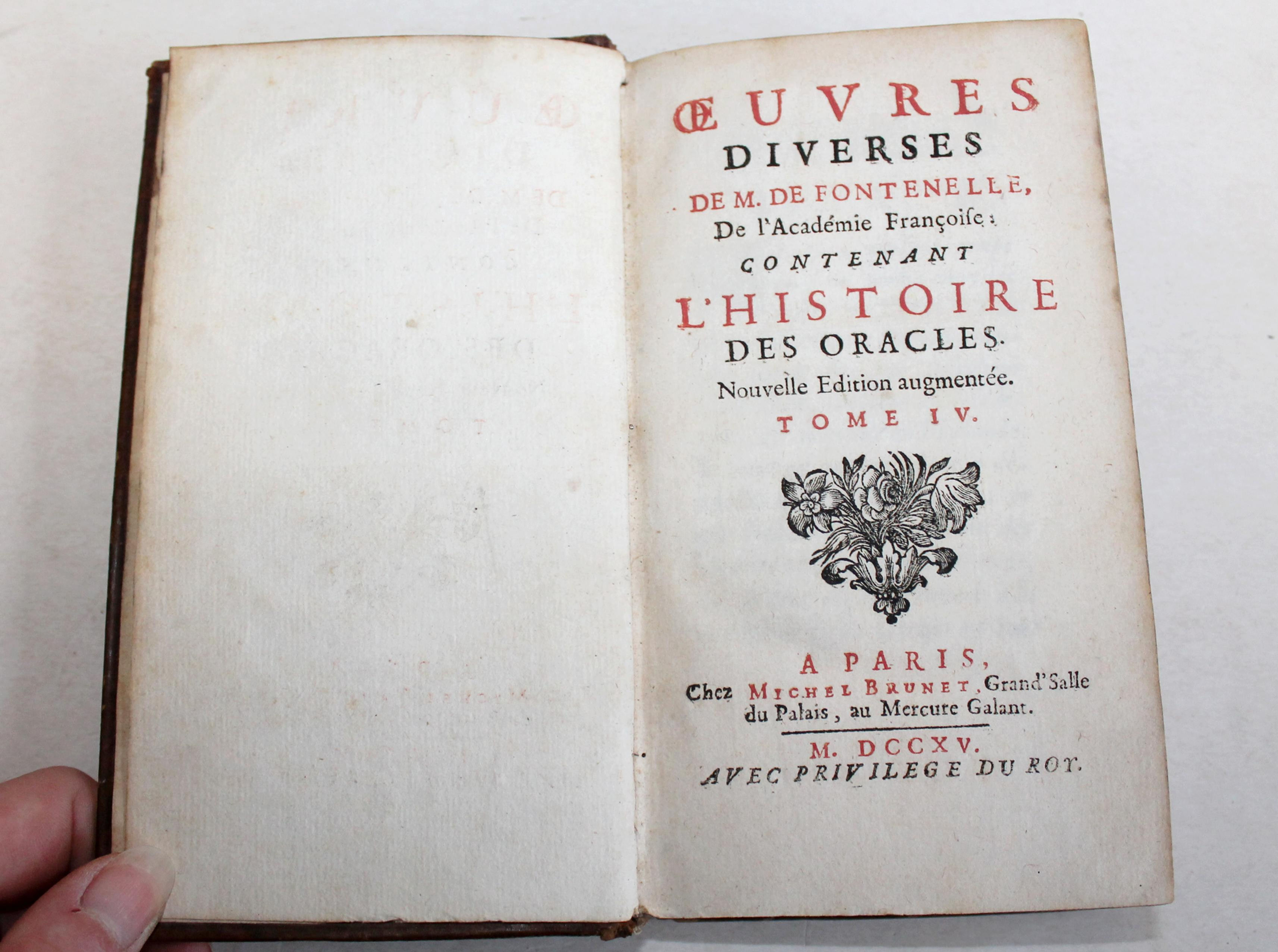 OEUVRES DIVERSES DE FONTENELLE, L'HISTOIRE DES ORACLES, NOUVELLE EDITION T4 1715