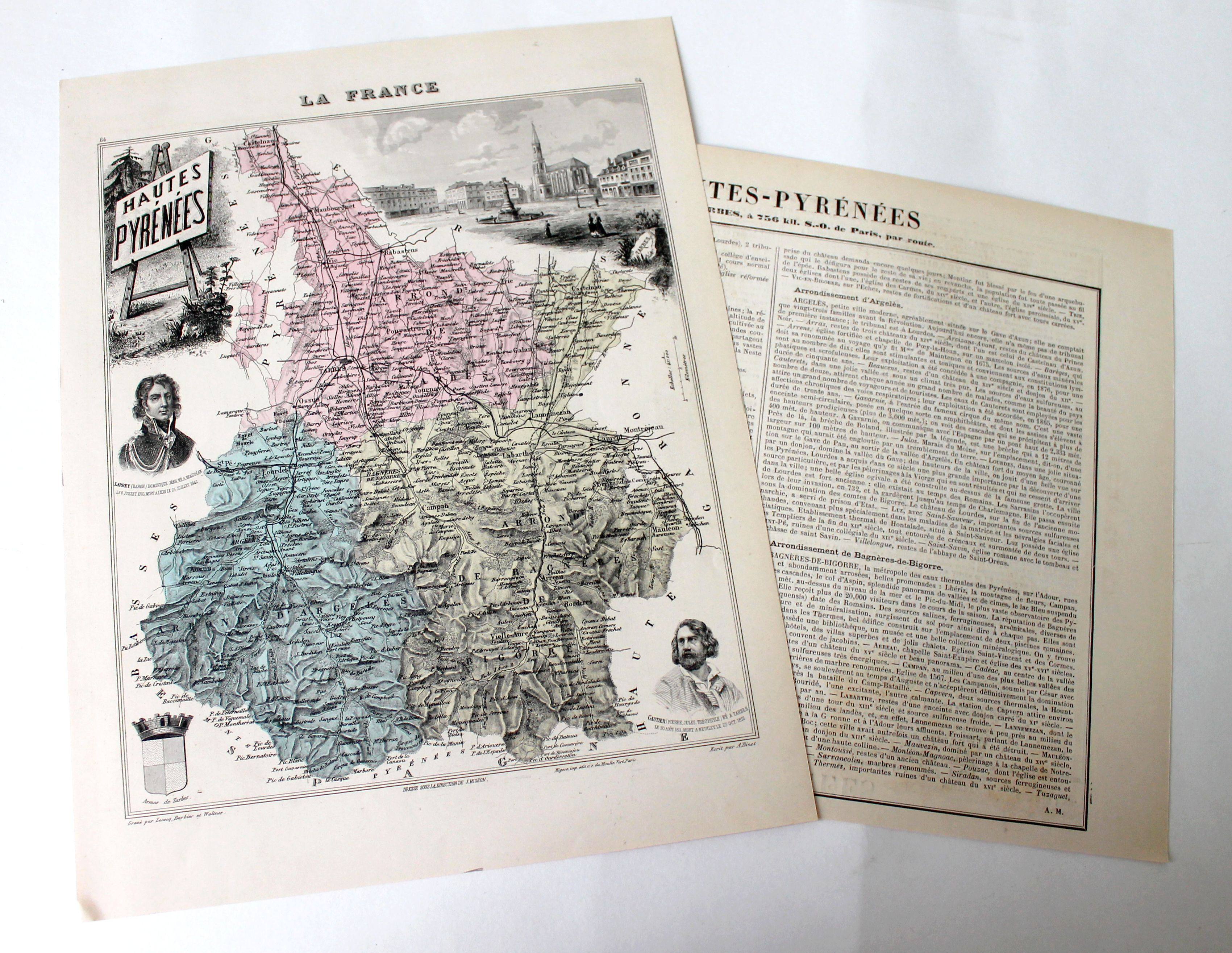 HAUTES PYRENEES CARTE DEPARTEMENTALE FRANCE + RECIT HISTORIQUE XIXe MIGEON 25x31