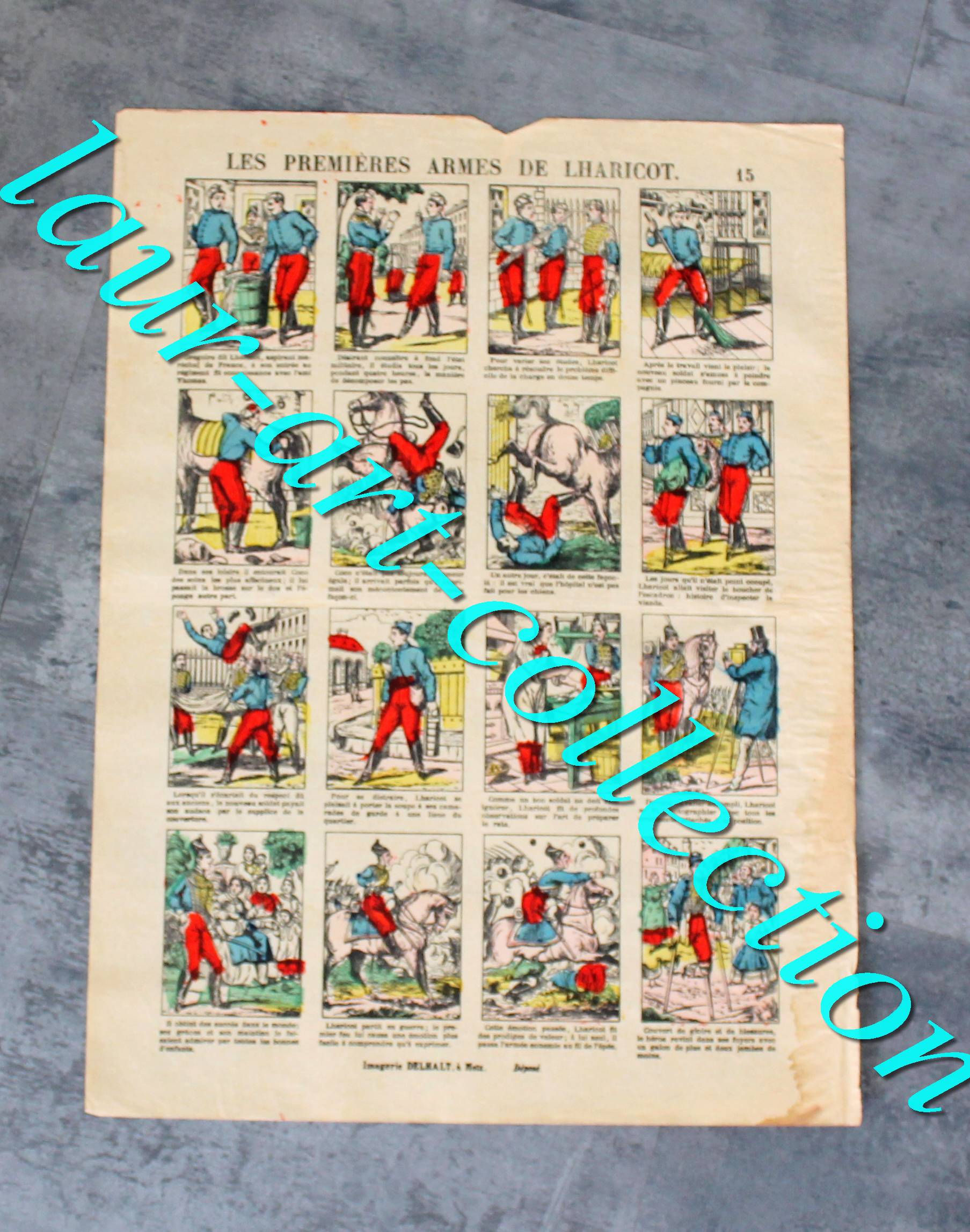 RARE ESTAMPE IMAGERIE DELHALT, METZ - N°15 LES PREMIERES ARMES DE LHARICOT CONTE