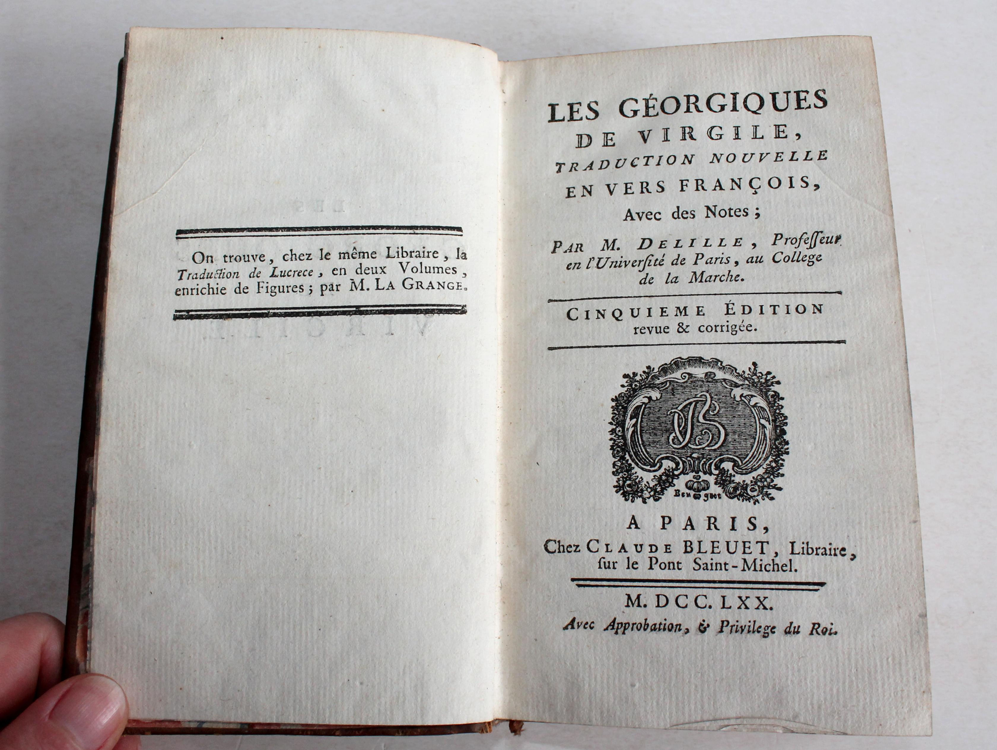 LES GEORGIQUES DE VIRGILE TRADUCTION EN VERS FRANCOIS de DELILLE 1770 LATIN & FR