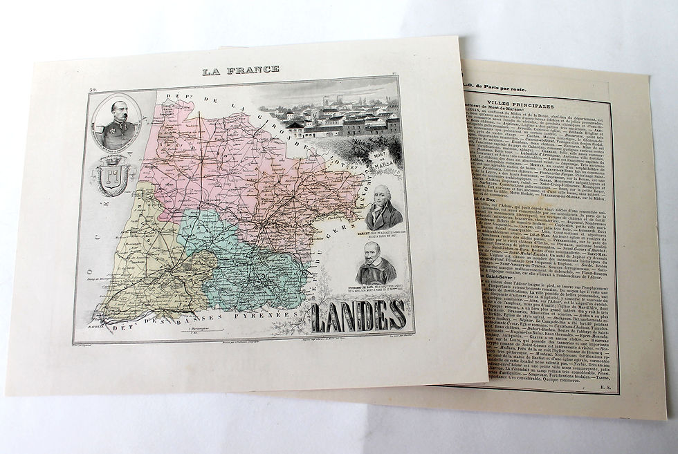 LANDES - CARTE DEPARTEMENTALE FRANCE + RECIT HISTORIQUE XIXe - Ed MIGEON 25x31cm