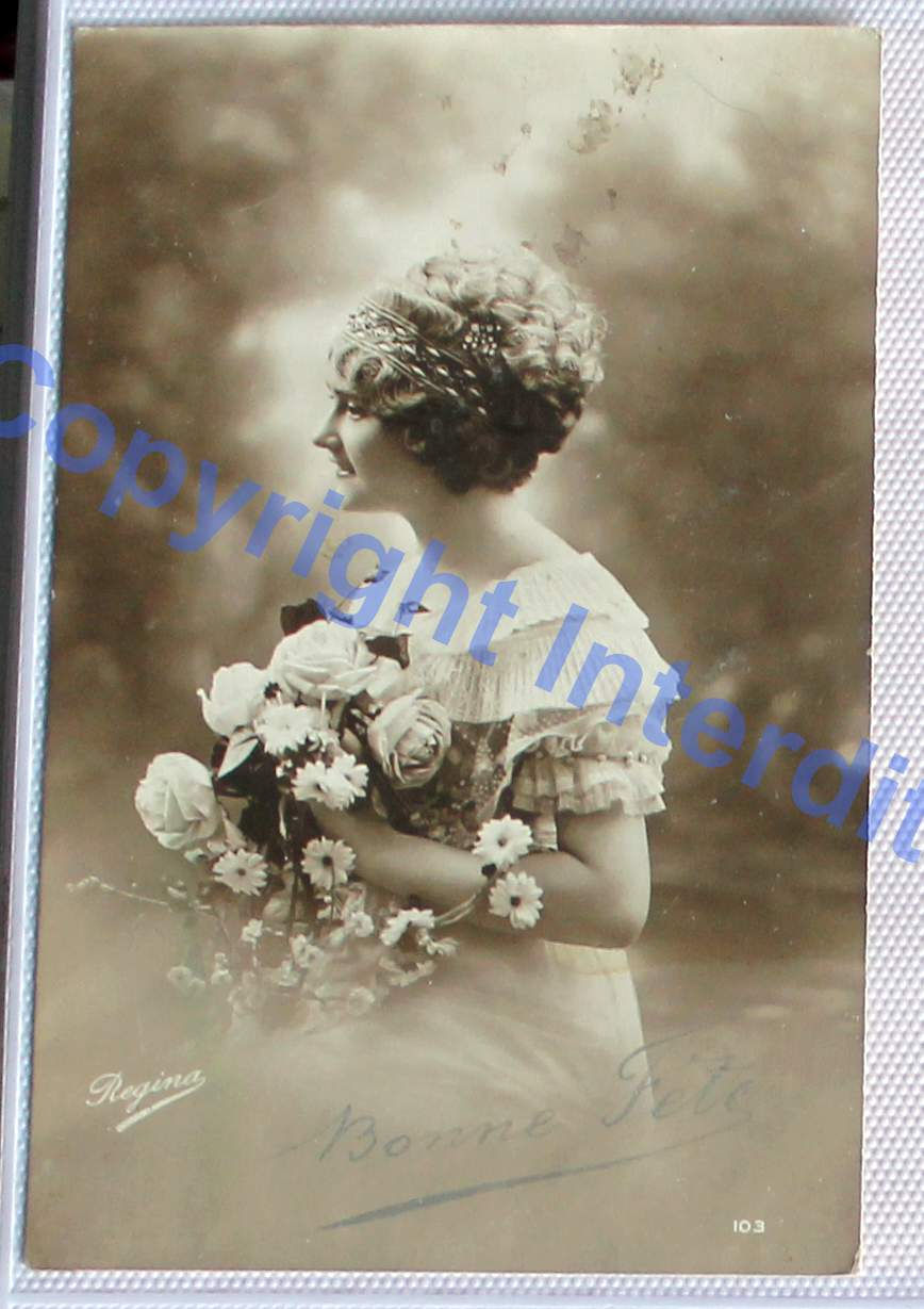 CPA ANIMÉ FANTAISIE, BONNE FETE, JEUNE FEMME 1913 CARTE POSTALE ANCIENNE PHOTO
