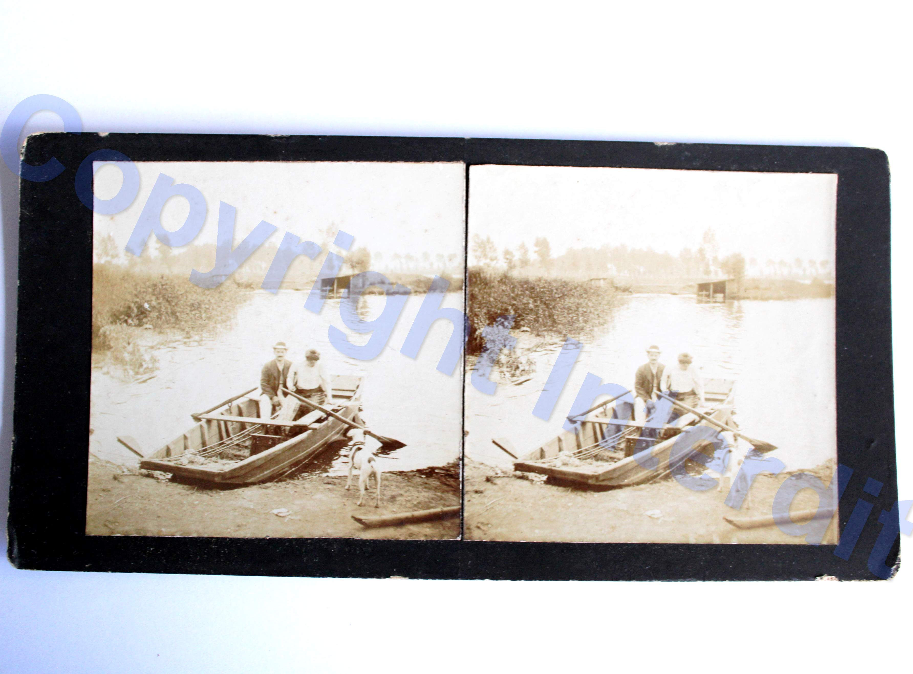 ANCIENNE PHOTO VUE STEREO ALBUMINE SCENE COUPLE EN BARQUE, BATEAU CAMPAGNE, XIXe
