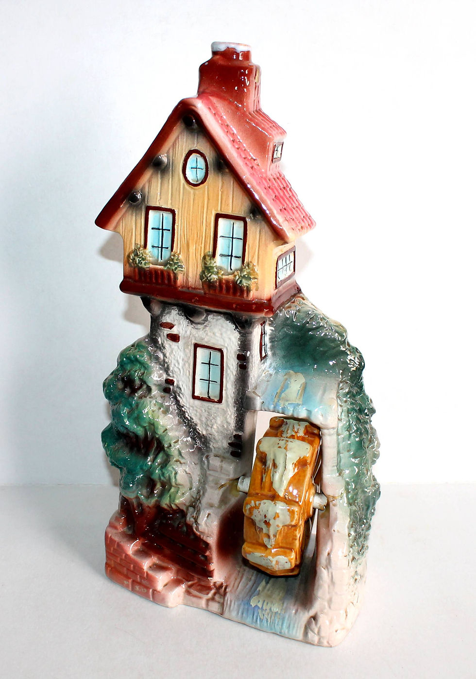 GARNIER KLEM, JOLIE GRANDE BOUTEILLE A LIQUEUR en FAIENCE EMAILLÉ, MOULIN A EAU