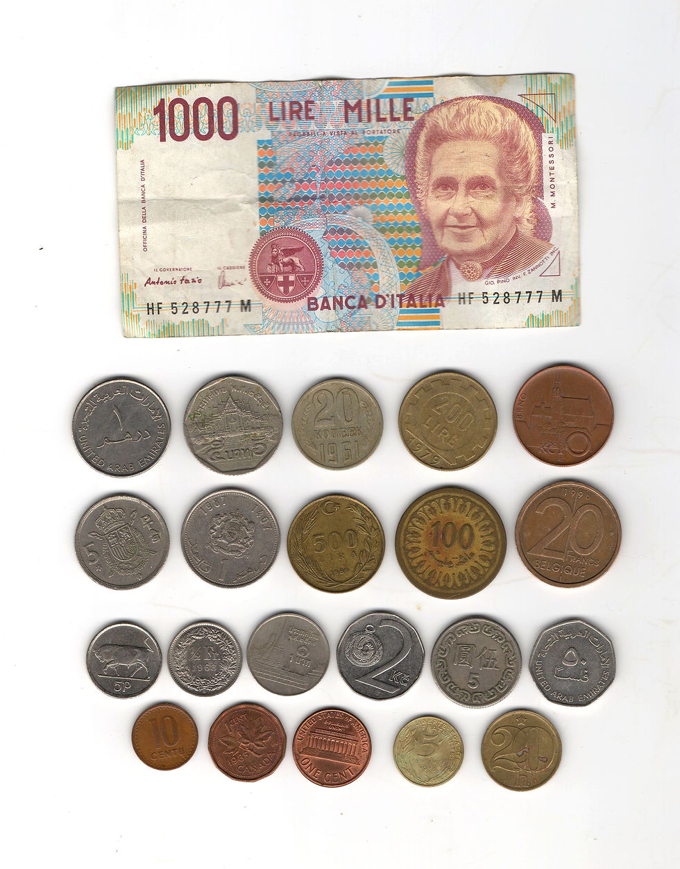 ANTIQUE LOT 21 COIN + 1 BILLET WORLD ITALIA GREECE THAILANDE USA 1960-1998 (24)
