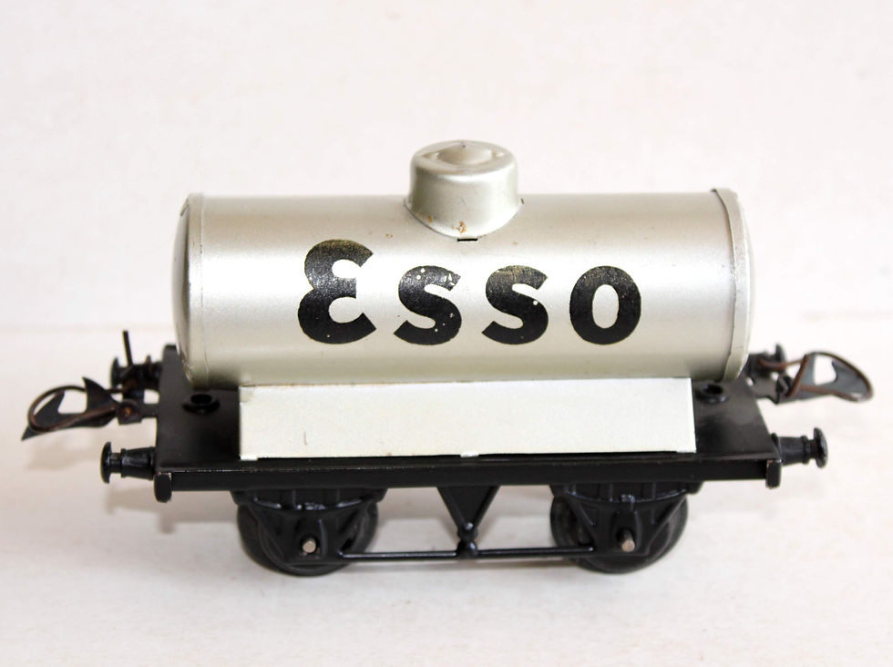 Hình thu nhỏ: HORNBY O 1/48 WAGON CITERNE PLAT PORTE RESERVOIR, CUVE ESSO, TRANSPORT PETROLIER