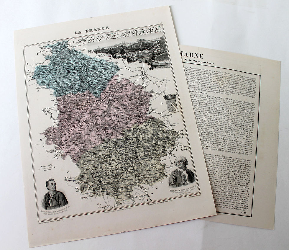 HAUTE MARNE CARTE DEPARTEMENTALE FRANCE + RECIT HISTORIQUE XIXe Ed. MIGEON 25x31