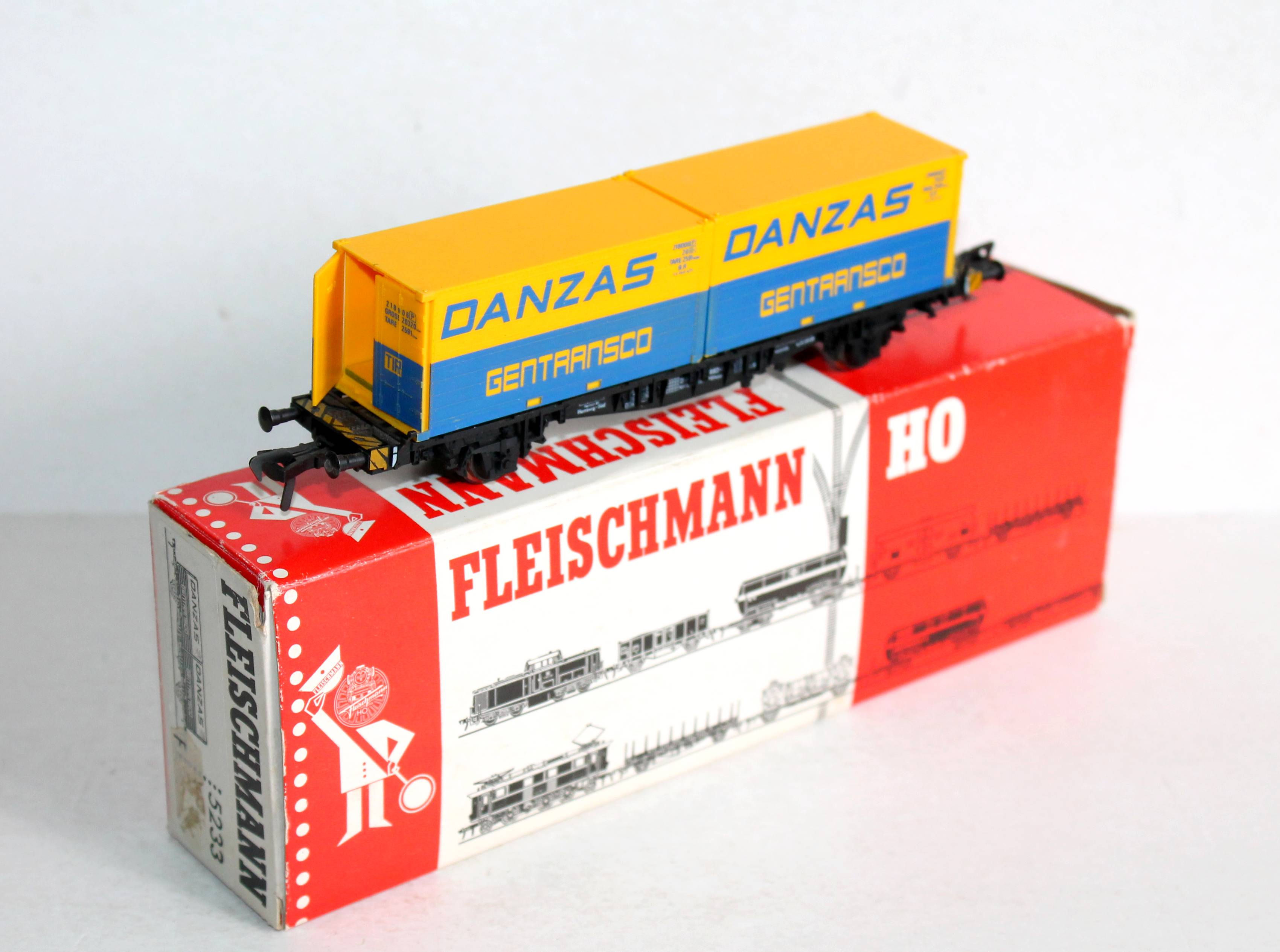 FLEISCHMANN HO 5233 WAGON PLATEFORME PORTE CONTENEUR + CONTAINER DANZAS GENTRANS