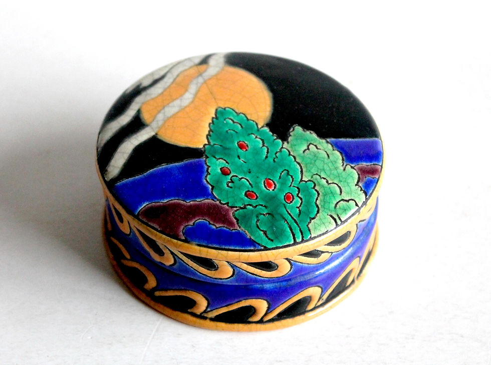 LONGWY, JOLIE ANCIENNE BOITE BONBONNIERE FAIENCE & EMAUX CLOISONNÉ CLAIR DE LUNE