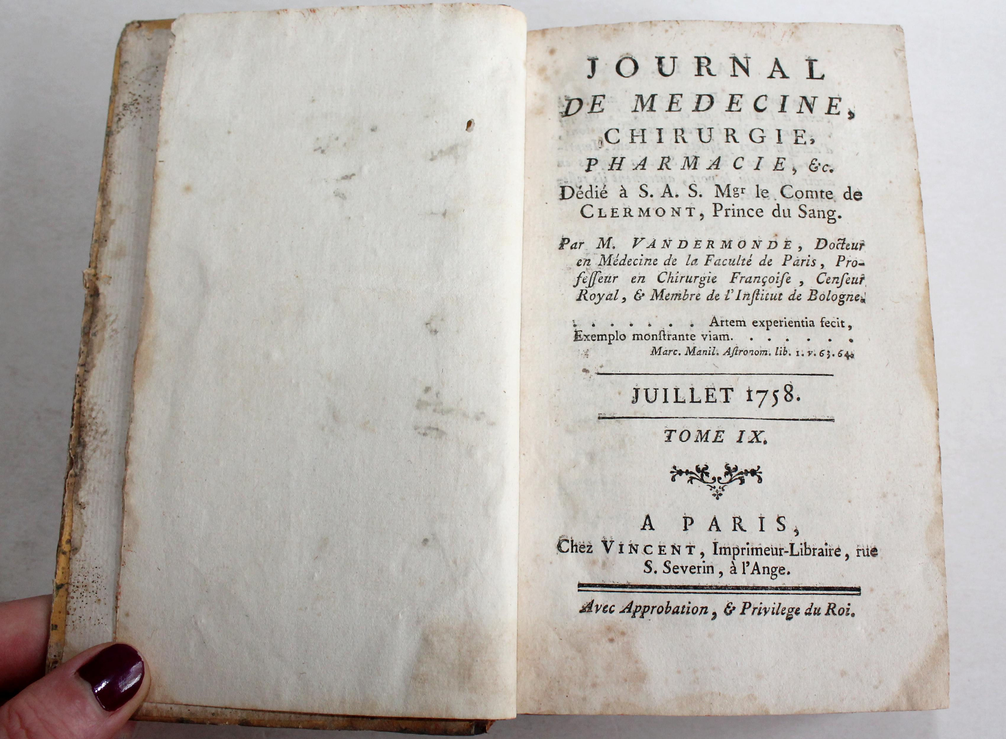 JOURNAL DE MEDECINE CHIRURGIE PHARMACIE par VANDERMONDE JUIL. A DEC 1758 TOME IX