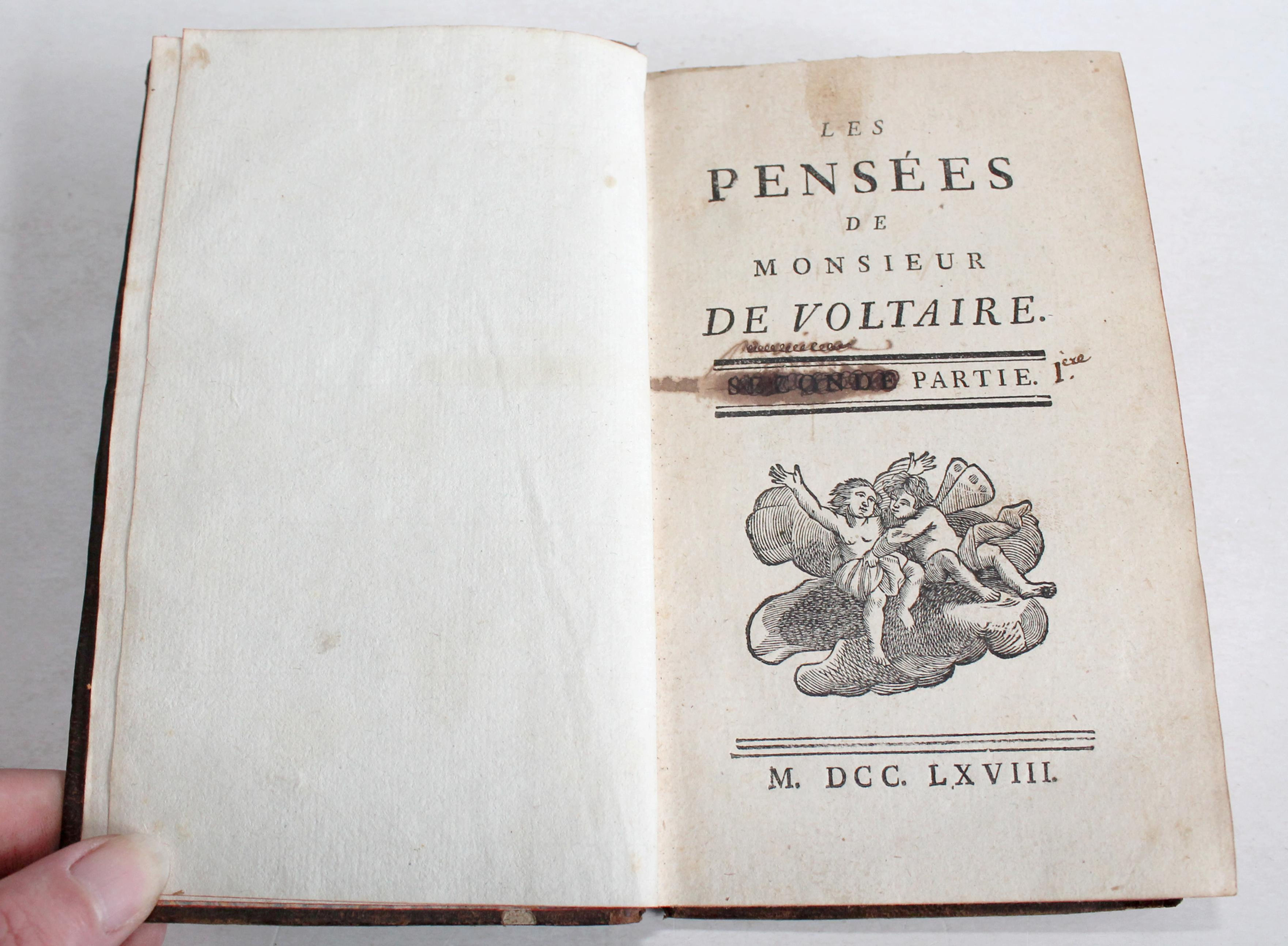 RARE! LES PENSEES DE MONSIEUR DE VOLTAIRE 1768 COMPLET PARTIE I + II EN 1 VOLUME
