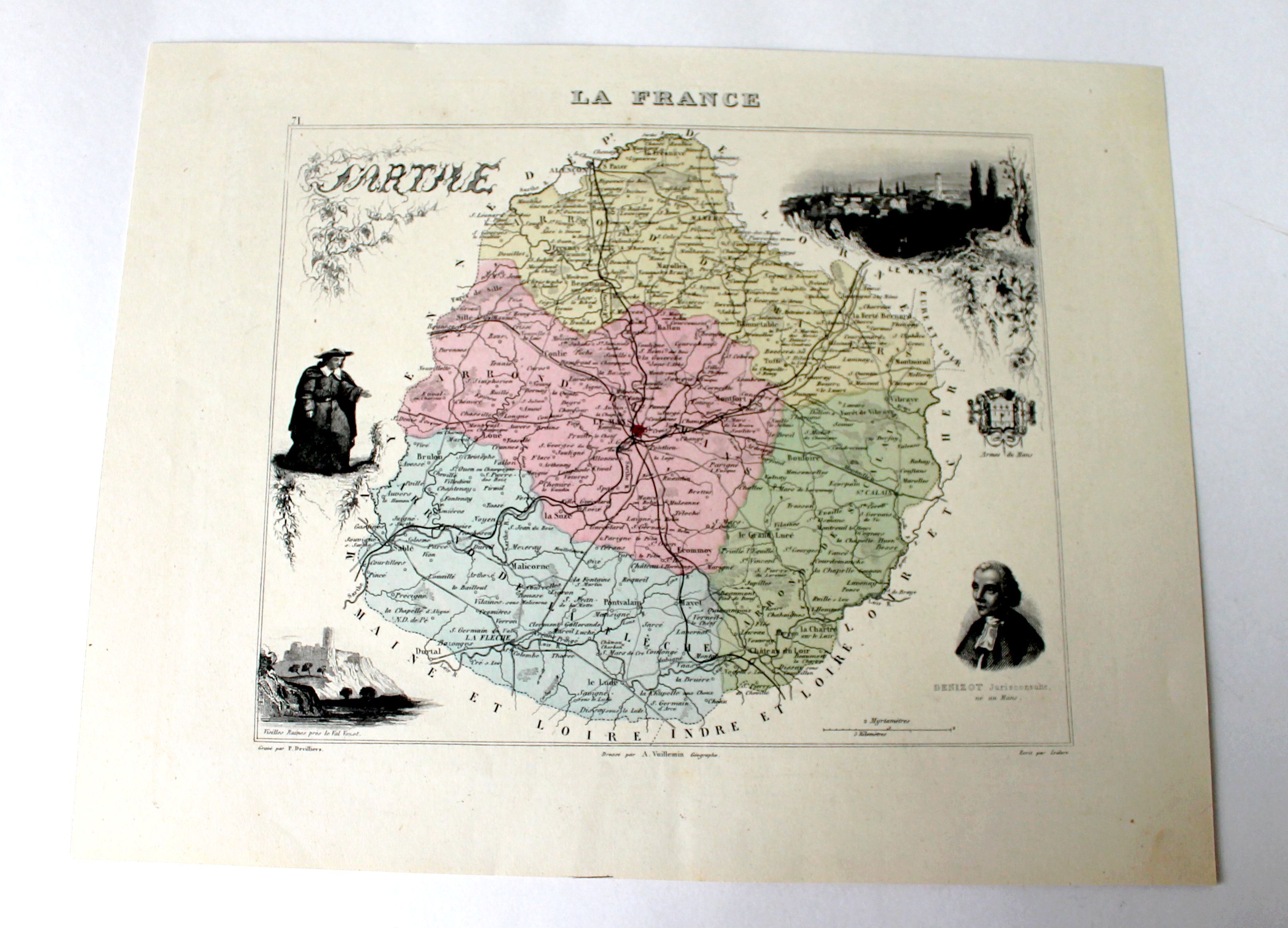 SARTHE - CARTE DEPARTEMENTALE FRANCE XIXe - Ed MIGEON 25x31cm
