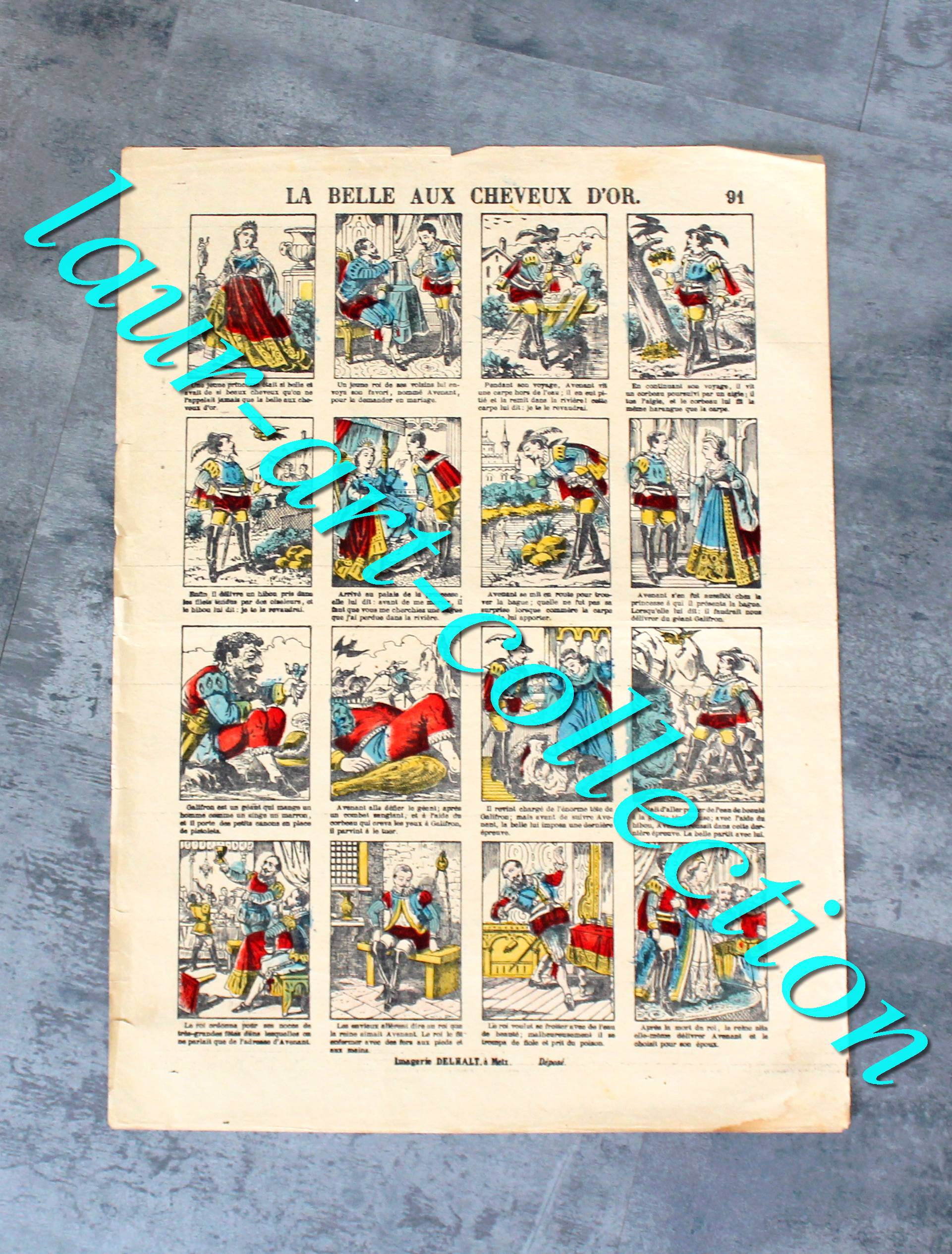 RARE ESTAMPE IMAGERIE DELHALT, METZ N91 LA BELLE AUX CHEVEUX D'OR CONTE ILLUSTRÉ