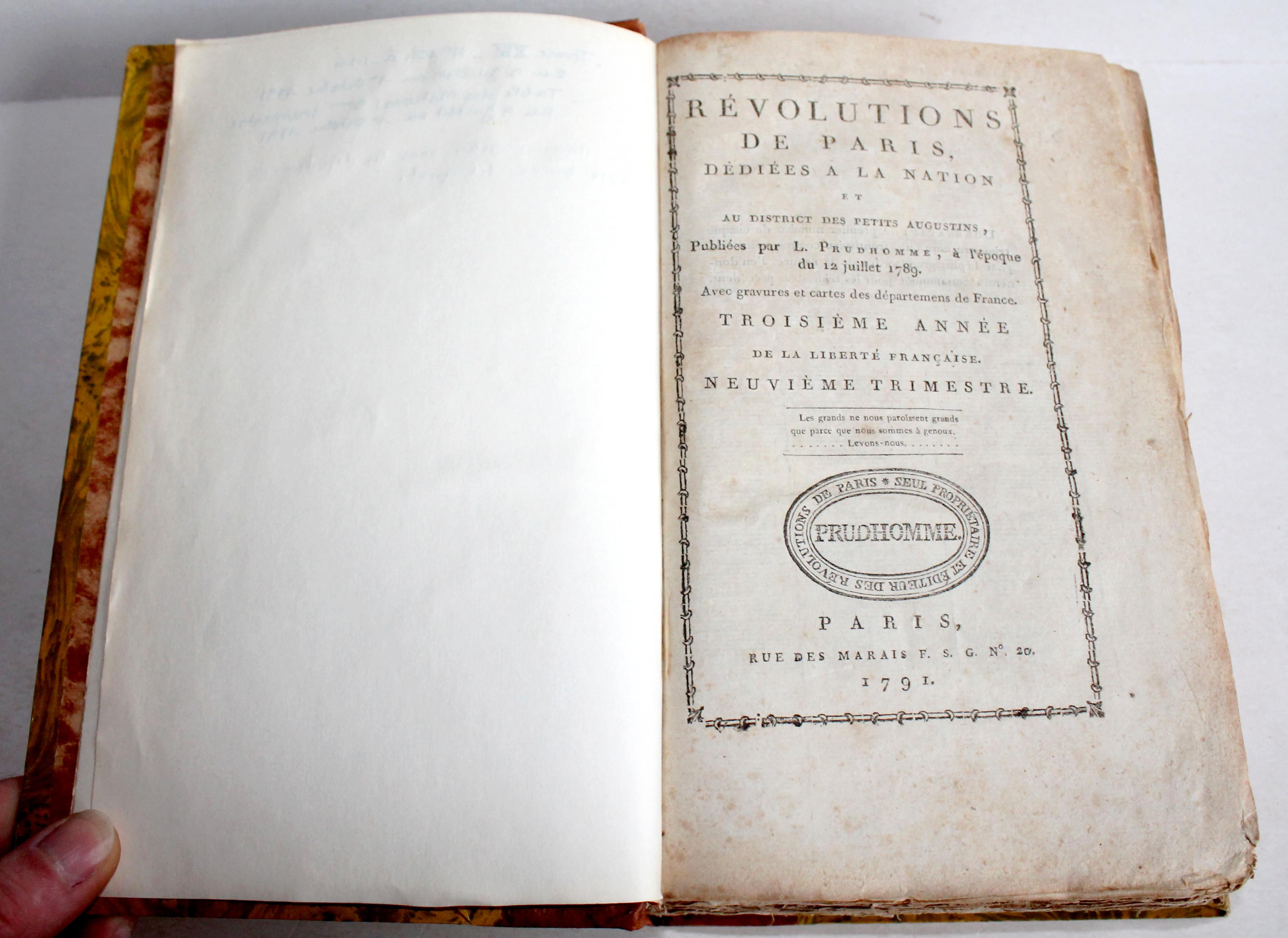 N°105 A 116 REVOLUTIONS DE PARIS A LA NATION par PRUDHOMME 1791 3e ANNEE 9e TRIM