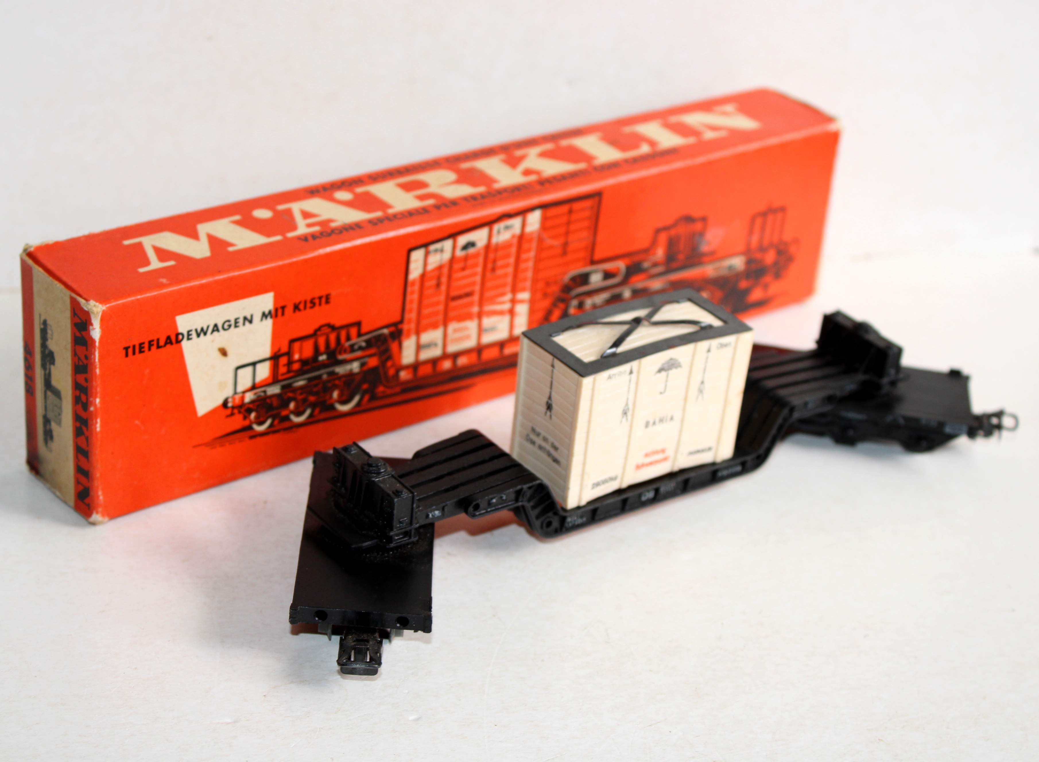 MARKLIN HO 4618 WAGON PLATEFORME SURBAISSE + CAISSE CHARGEMENT BAHIA DB, SSI 53