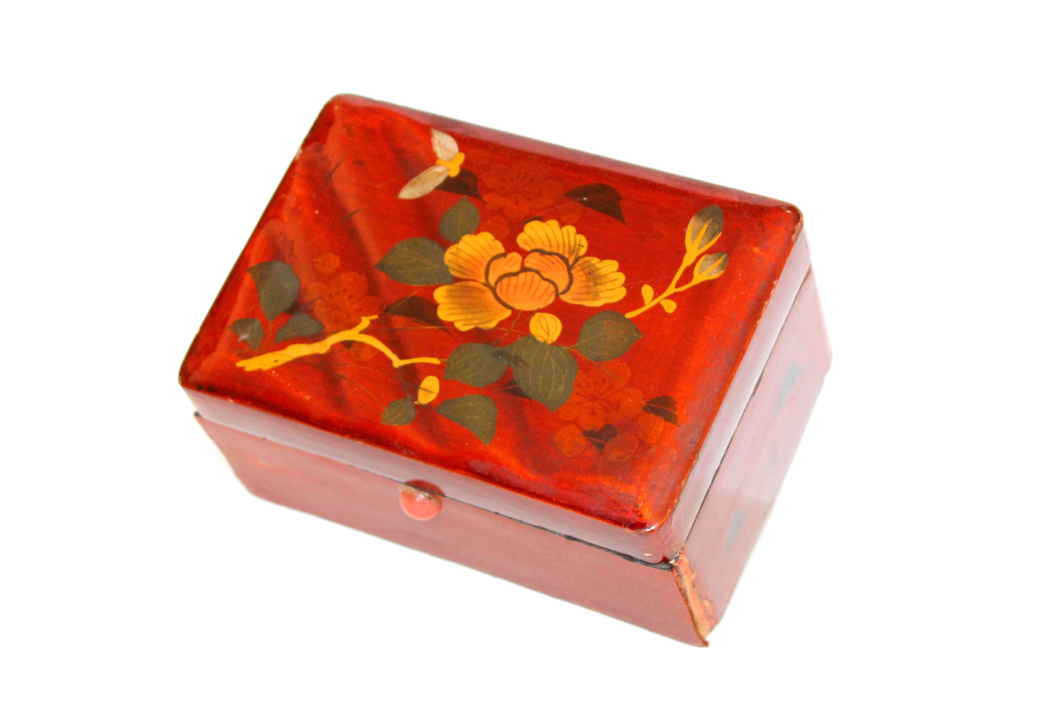 COFFRET BOITE EN BOIS LAQUÉ & DORURE - FLEURS, CHINE JAPON 15x10x8cm CHINESE BOX