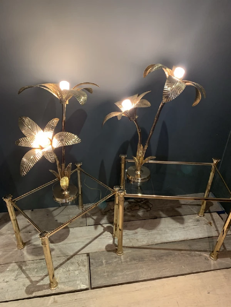 Thumbnail: Large Hollywood Regency brass palm tree table lamp