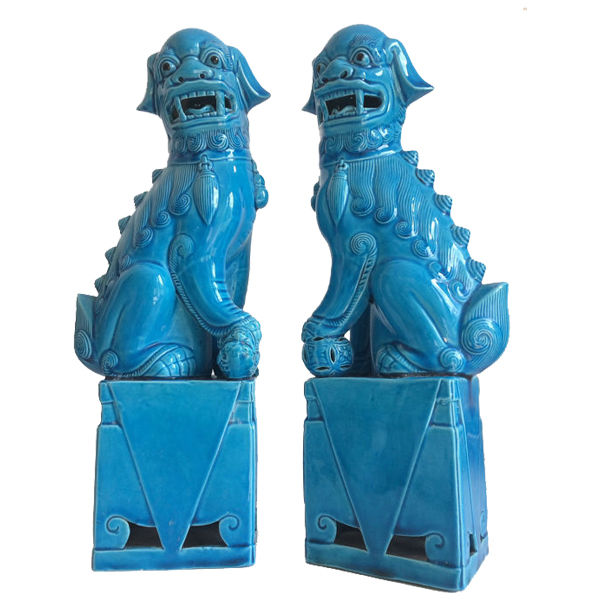 Vintage set of Chinese Foo Fu Dogs Lions Figures Turquoise blue 1