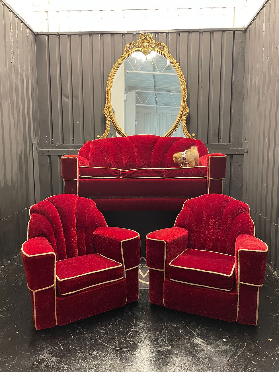 Thumbnail: Immaculate Art Deco Sofa / bed And Two Armchairs, 1940s
