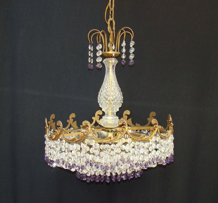 Belgian, Emperor Style Crowned Chandelier. Bronze (gilt) and Crystal