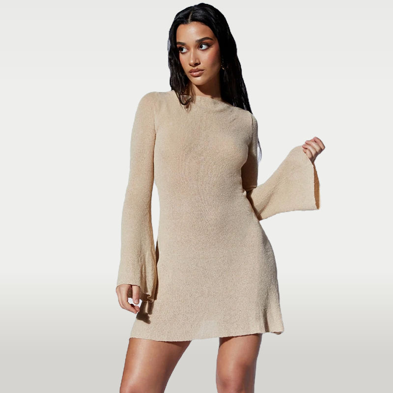 Cusuti Knitted Maxi Dress Long Sleeve Casual O-Neck Holiday Dress