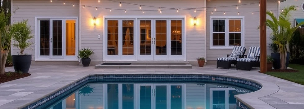 back yard with a pool with custom string lighting around the backyard
