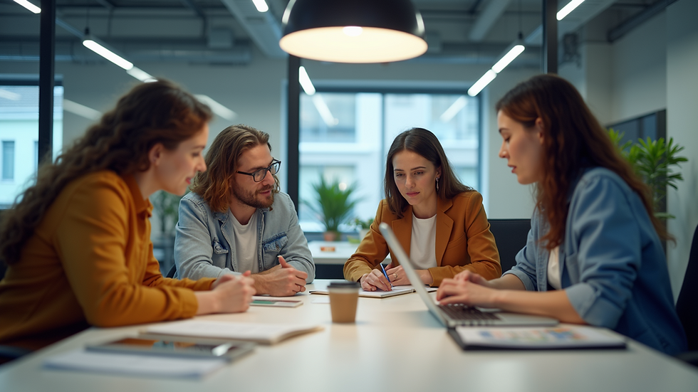 Eye-level view of a diverse team collaborating in a modern office space