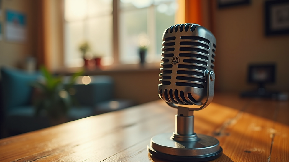 Eye-level view of a vintage microphone on a wooden table