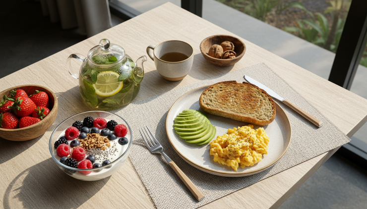 Overhead view of a nourishing resort breakfast with fruit, grains, eggs, and herbal tea on a wooden table.