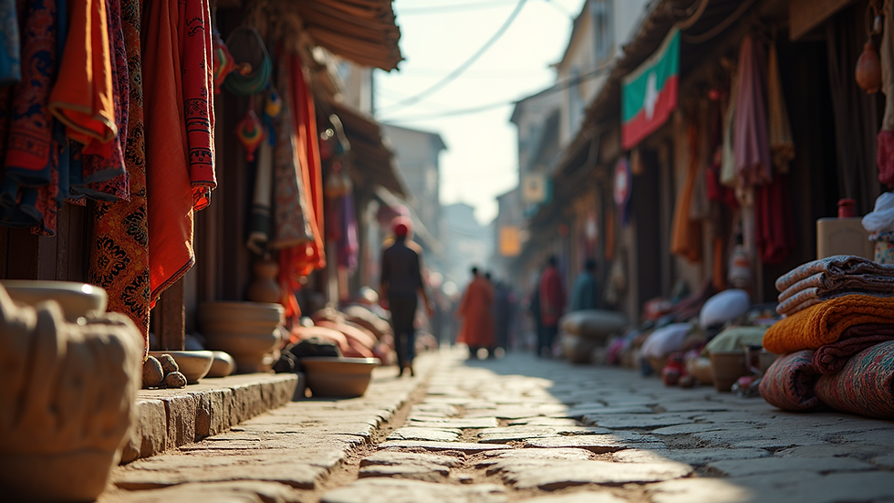 Eye-level view of a traditional market street with colorful textiles