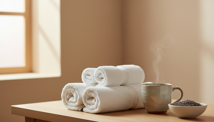 Close-up view of a spa treatment room with folded towels, herbal tea, and soft natural light.