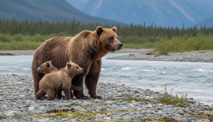 Eye-level view of a mother brown bear standing with cubs on a riverbank