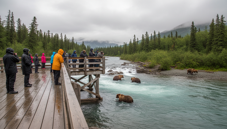 Wide-angle view of visitors watching brown bears from a wooden platform above a river