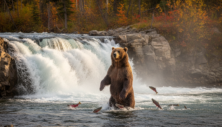 Wide-angle view of a brown bear standing near Brooks Falls in Katmai National Park