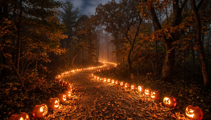 Wide-angle view of a glowing pumpkin trail winding through autumn trees at night.