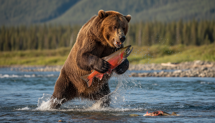 Close-up view of a large brown bear catching a salmon in shallow water