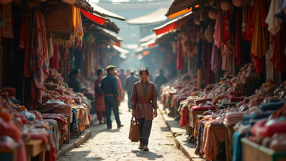 Eye-level view of a bustling traditional market with colorful textiles and handmade crafts