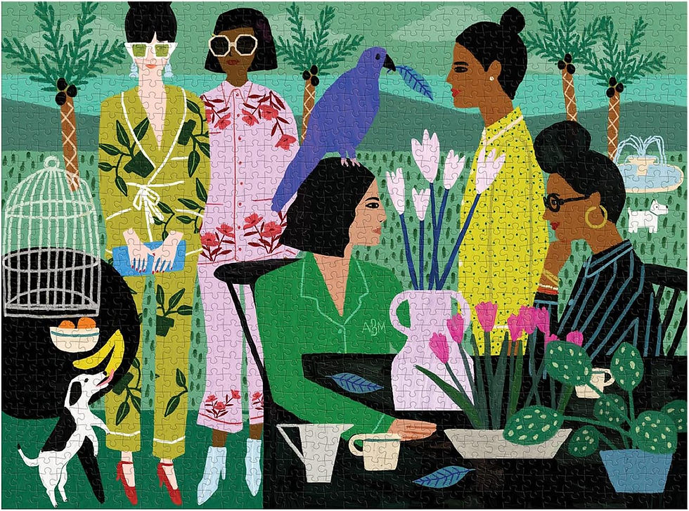 Galison “Pajama Mamas” 1000-piece puzzle by Anne Bentley showing five women in colorful patterned pajamas