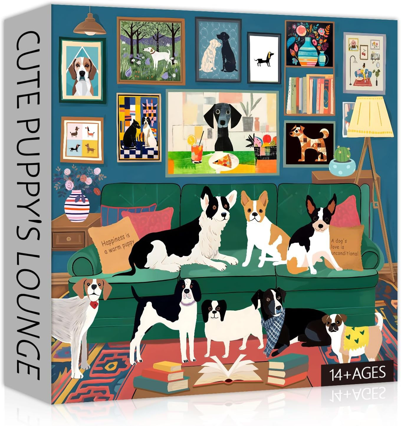 PICKFORU “Puppy Portraits” 1000-piece puzzle featuring colorful, modern-art style illustrations of dogs.