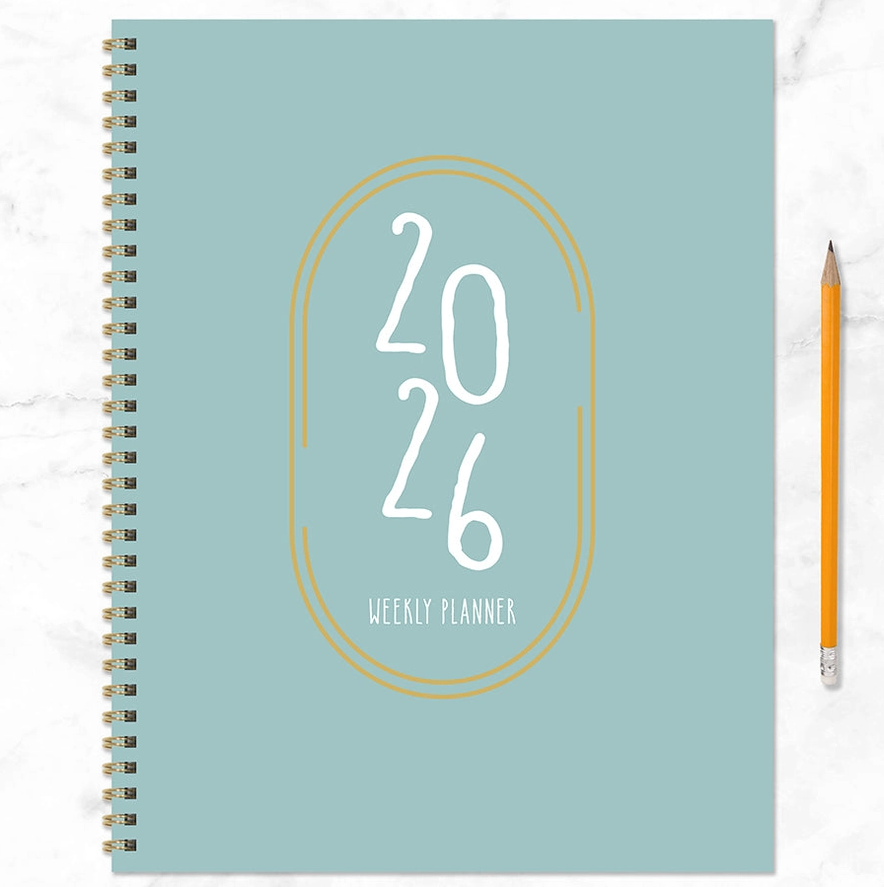 2026 Robin’s Egg large weekly monthly planner with soft blue cover, white typography, and gold wire binding.