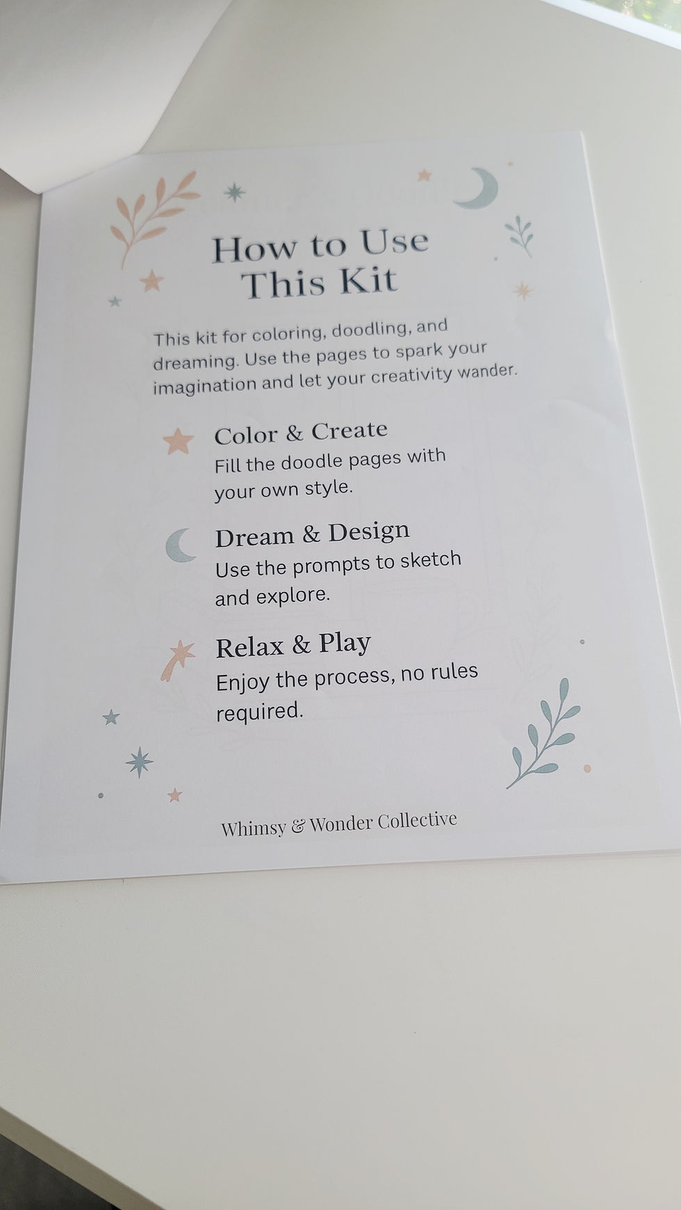 How to use this kit page with three steps: Color & Create, Dream & Design, Relax & Play.