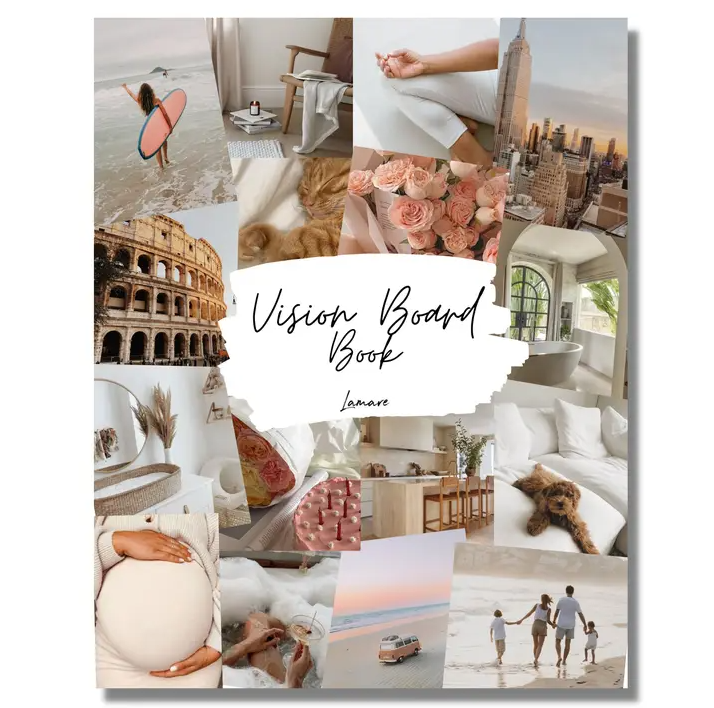 Cover of a collage style vision board book with aesthetic lifestyle images